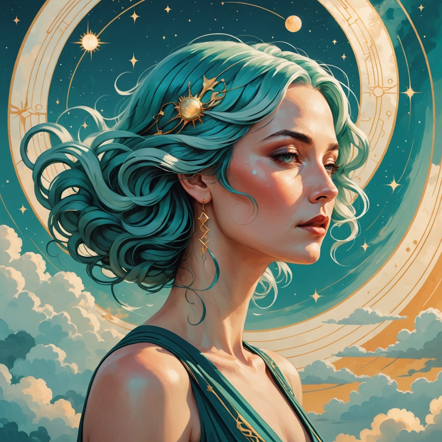 Art Deco Portrait of Woman with Teal Hair & Celestial Markin...