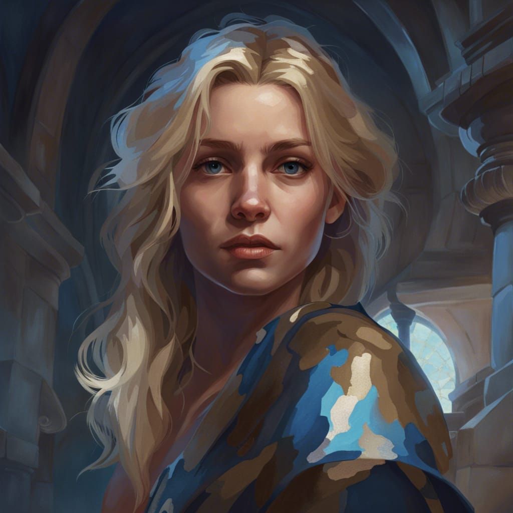 Blond Girl in Castle Portrait, Art Nouveau Style