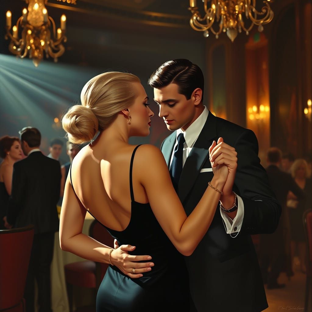 Elegant Woman Dancing with Suave Gentleman in 1940s Hollywoo...