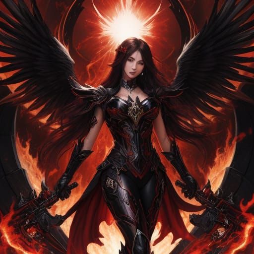 Sinister Mech Angel with Flame Aura and God Rays