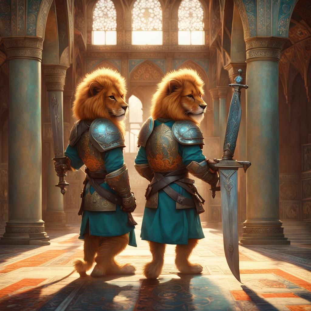 Armored Lions Guarding Persian Palace, Detailed Digital Art