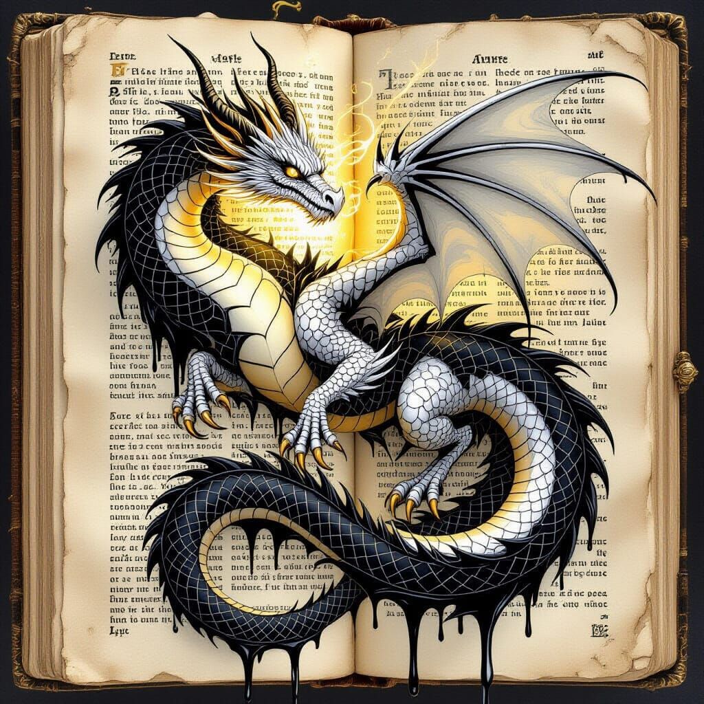 White Gold Ink Dragon On Ancient Book Pages