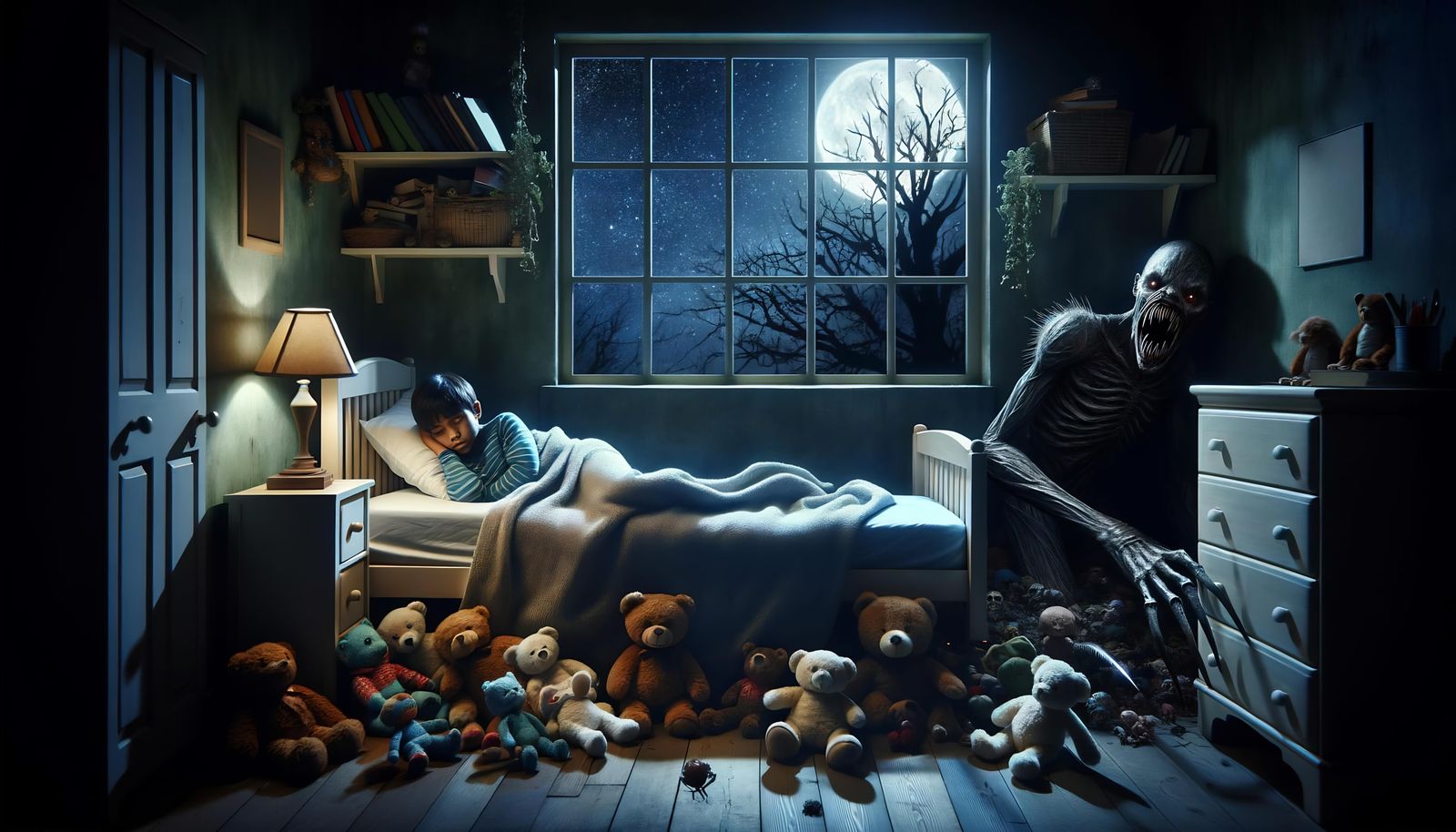 Eerie Night Scene: Child's Bedroom with Hidden Creature