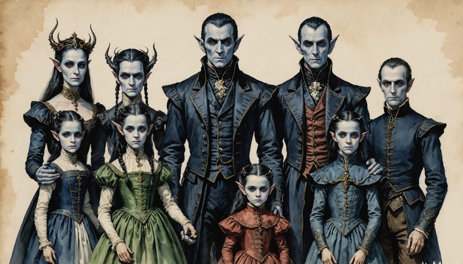 Victorian Dark Elf Family Watercolour Portrait