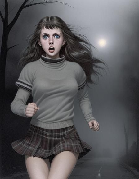 Frightened Girl Runs on Foggy Street, Horror Illustration