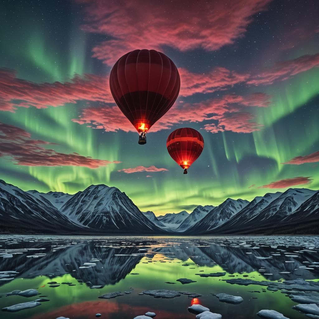 Red Hot Air Balloon in Arctic Aurora Borealis