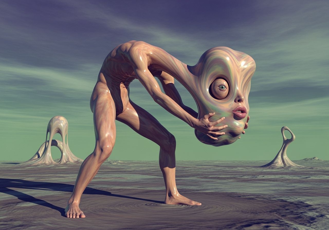 Surreal Figure Embracing Unfathomable Object in Alien Landsc...