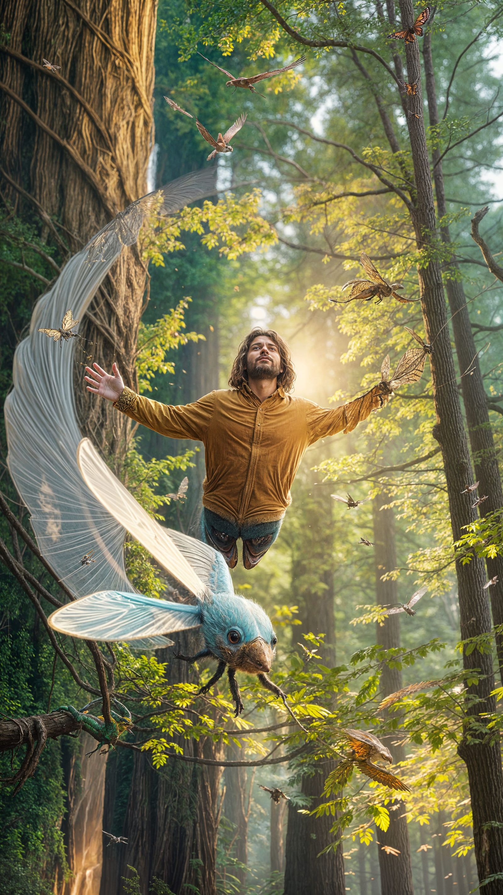 Weightless Freedom in Lush Forest Landscape