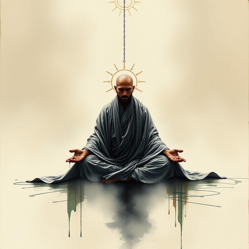Techno Monk Meditates in Abstract Liquid Metal Space