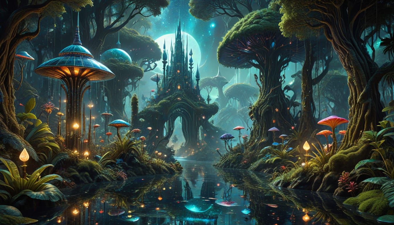 beautiful epic cosmic  lush tropical alien landscape with glass spires, deco nouveau fountains, rivers, forests,  galaxi...