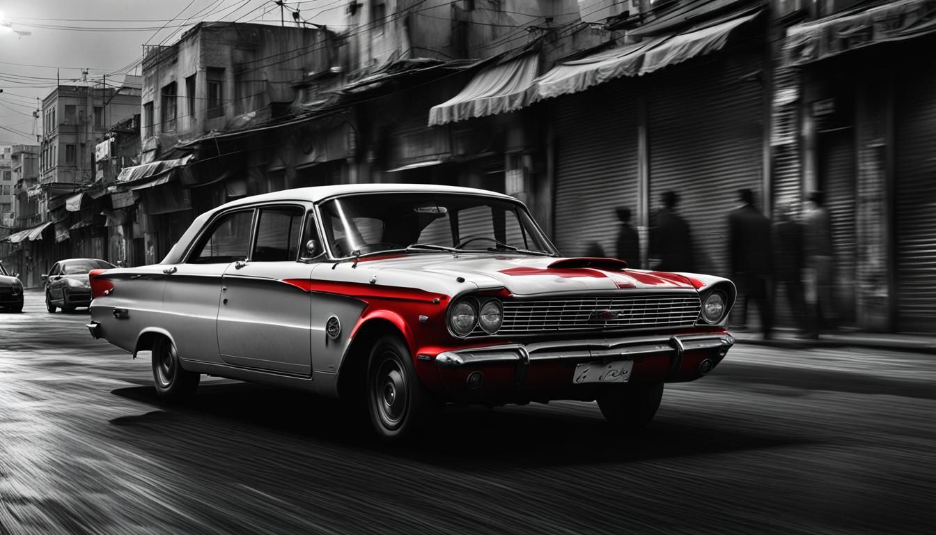 Red Car in Black and White Iranian Cityscape