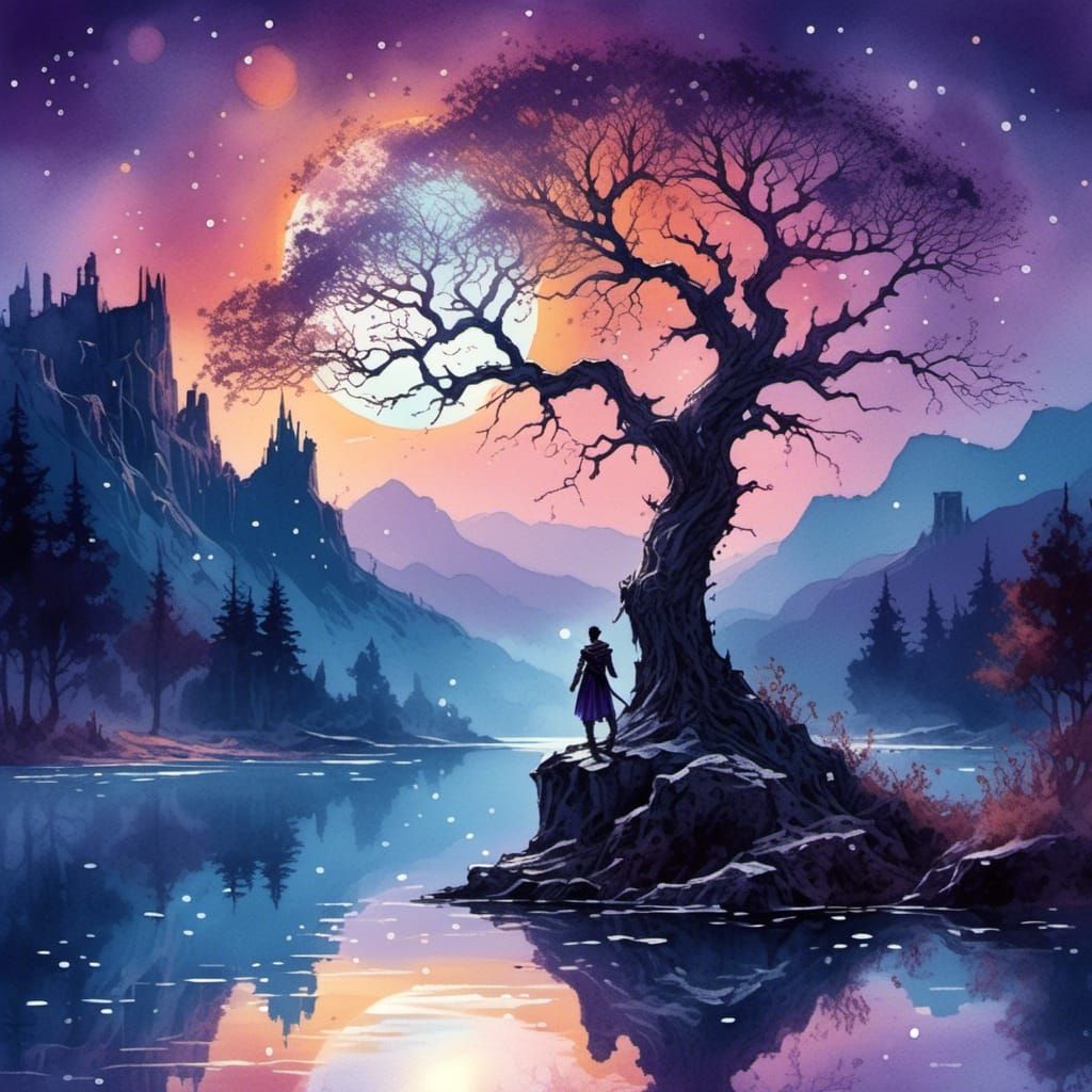 Fantasy Figure Dancing Under Moonlit Sky Watercolor