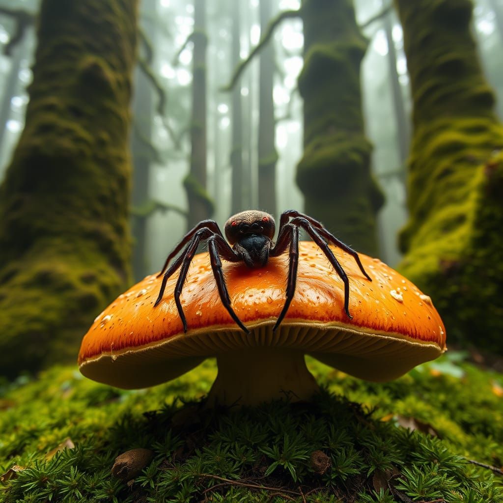Giant Spider on Mushroom in Misty Forest