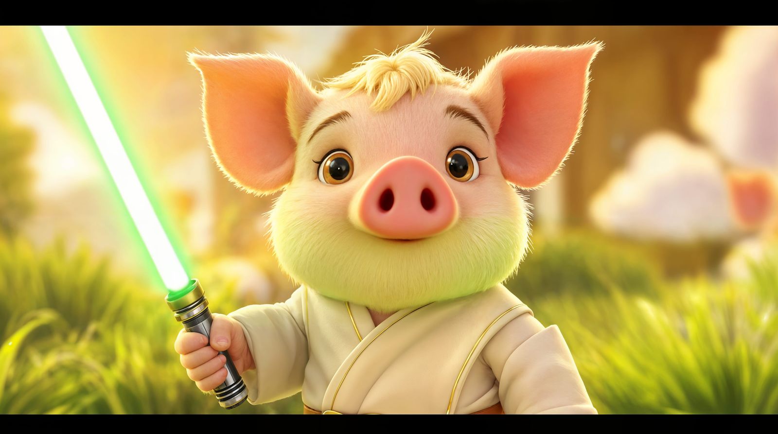 Adorable Pig in Luke Skywalker Costume with Green Lightsaber