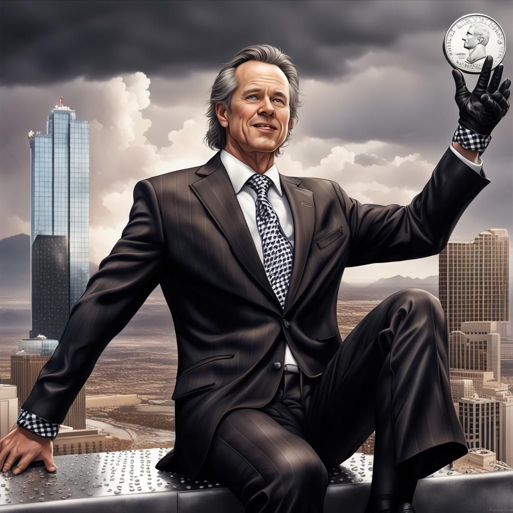 Man on Vegas Sign with Platinum Coin Rain