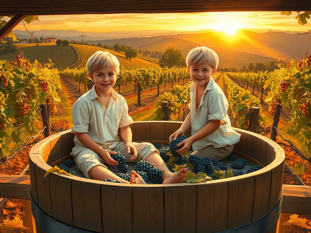 Boys Stomping Grapes in a Golden Vineyard Sunset
