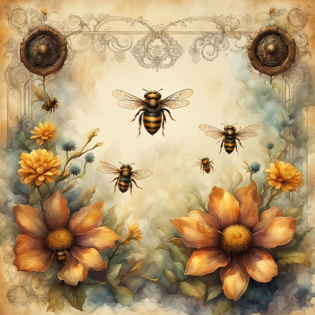 Floral Bees on Vintage Lined Paper