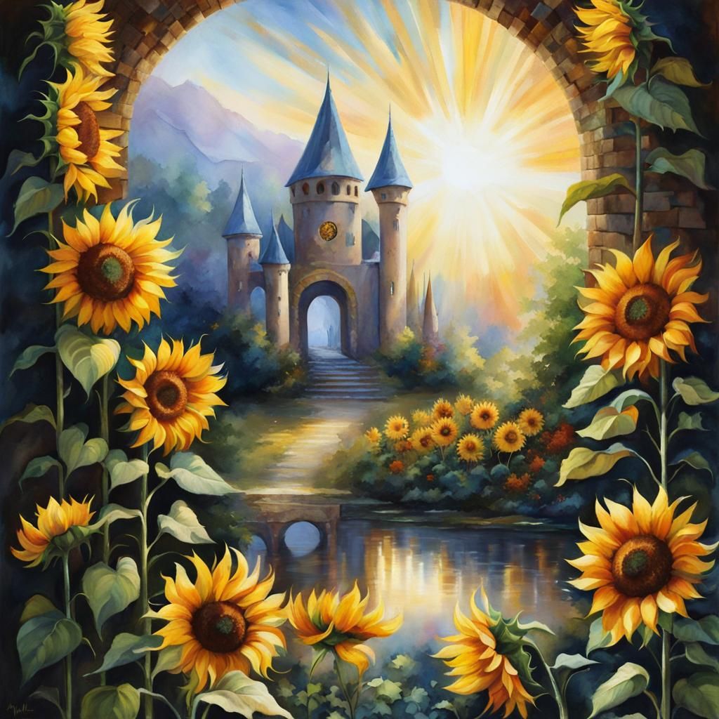 Sunflower Wonderland Fairy Village in Watercolor