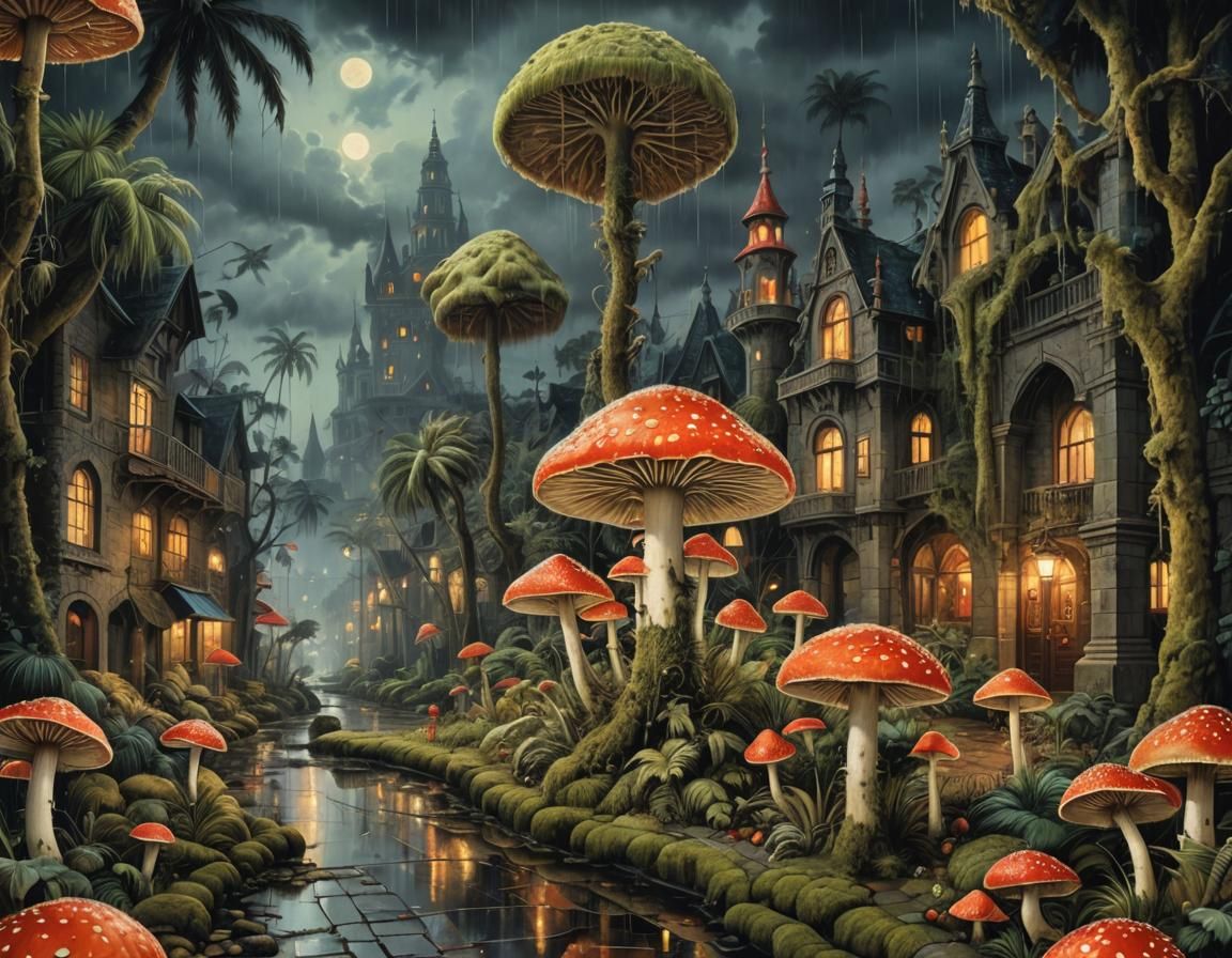 Gothic Surrealism: Fantasy Night Scene with Mushrooms
