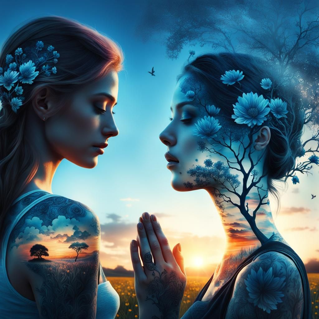 Girl in Prayer: Hyperrealistic Double Exposure Landscape