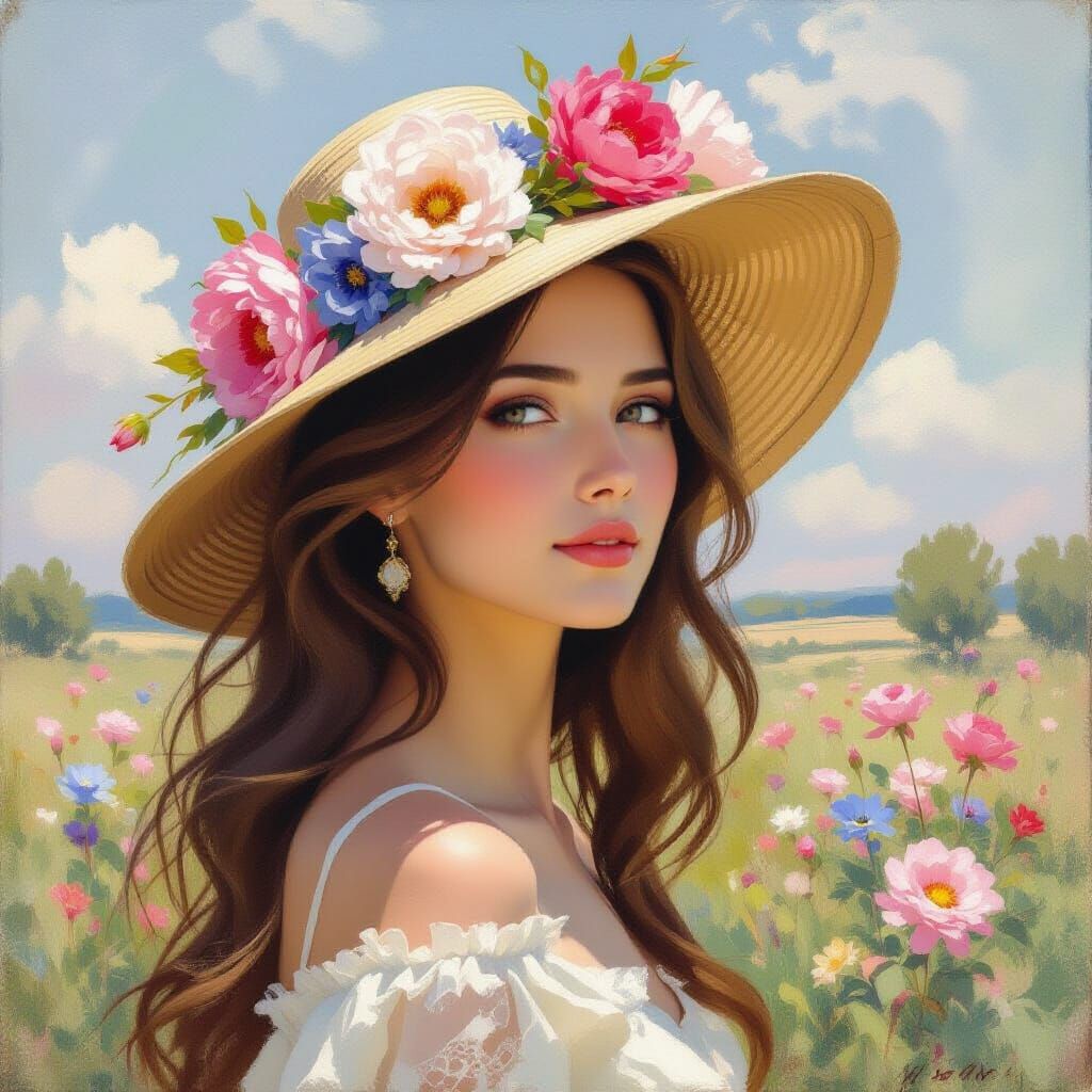 Impressionistic Portrait of Woman with Floral Hat