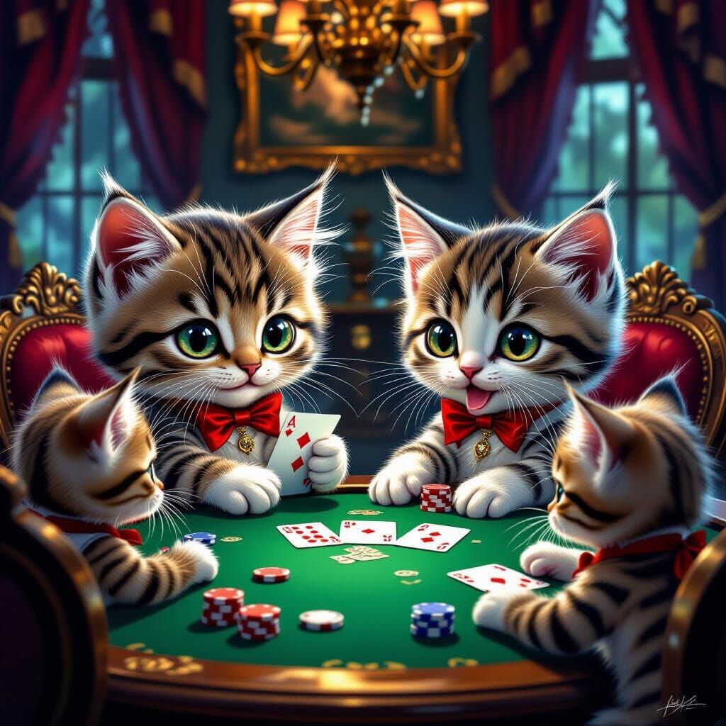 Whimsical Cats Playing Poker in Opulent Parlor