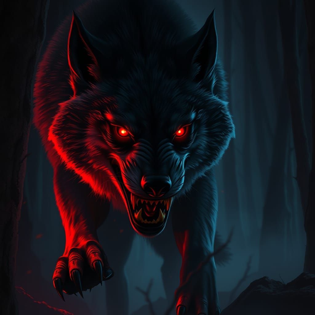 Menacing Wolf in Dark Forest, Dark Fantasy Art Style