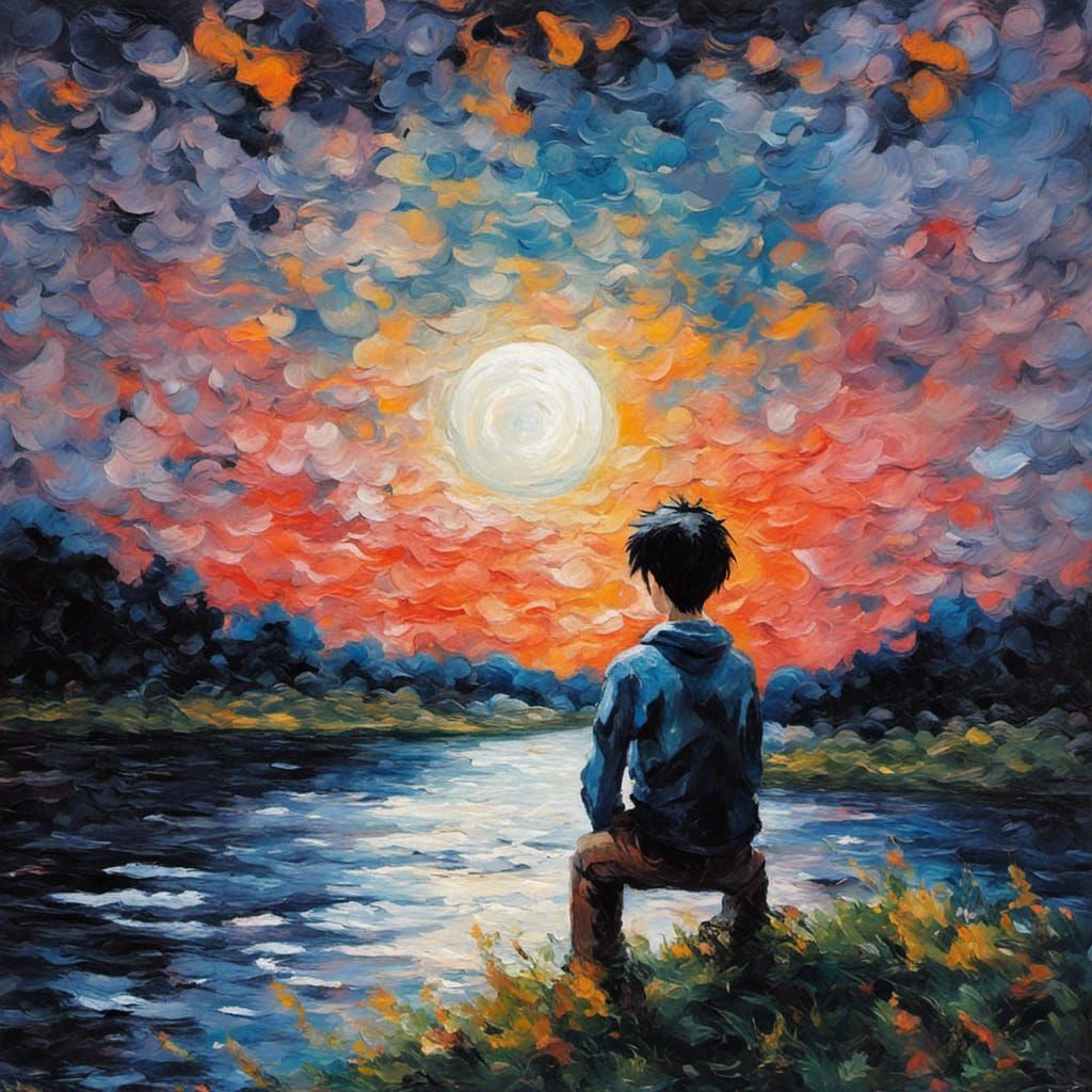 Anime Boy Gazing at Moon in Impressionistic Oil Painting