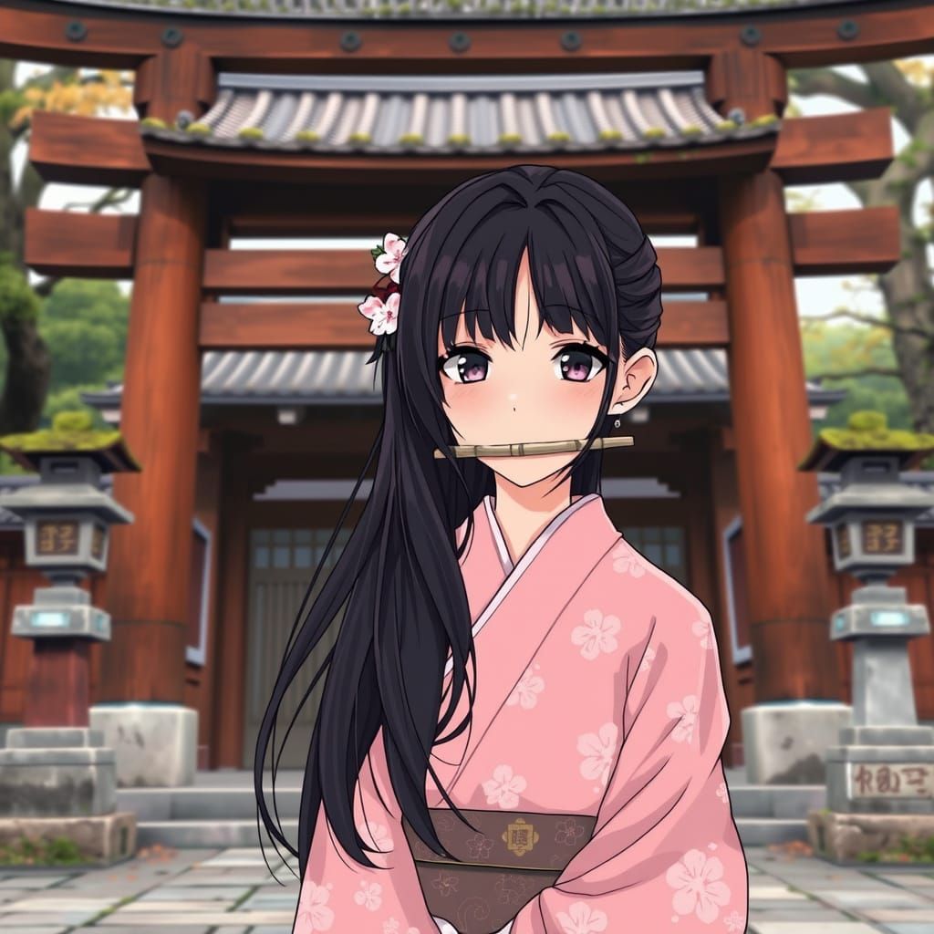 Girl in Pastel Kimono Stands Serenely Before Ancient Shinto ...