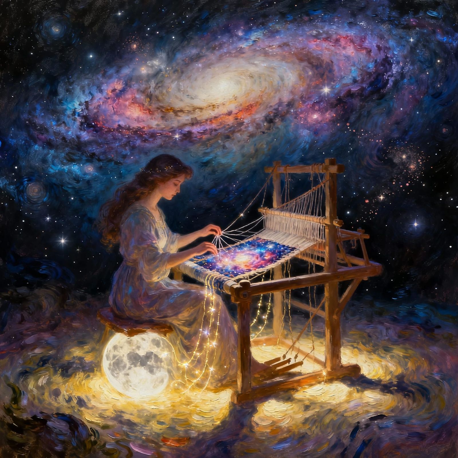 Cosmic Weaver Crafting Celestial Tapestry in Painterly Style