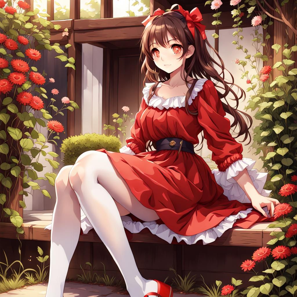Anime Girl in Red Dress in Garden