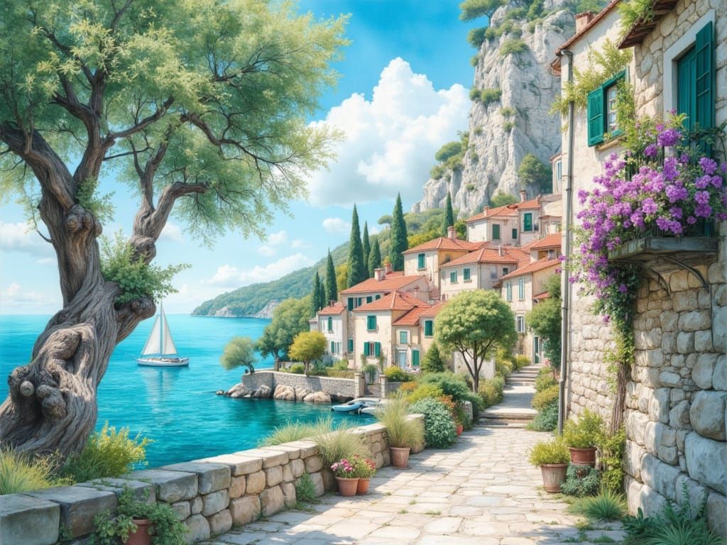 Croatian Village on Dalmatian Coast in Watercolor
