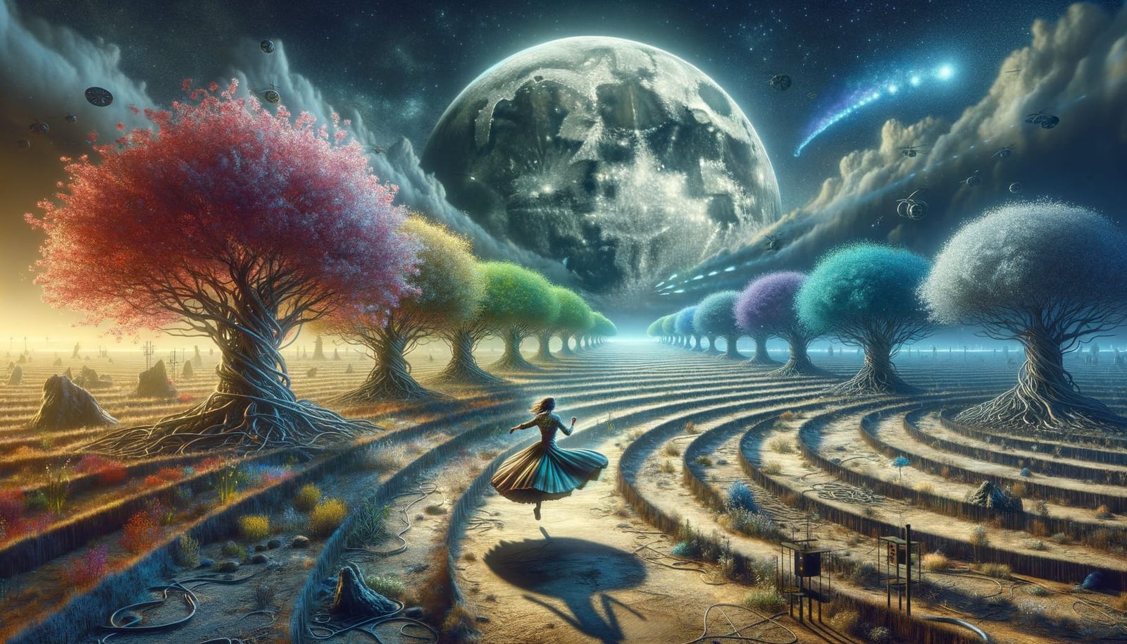 Dystopian Landscape with Full Moon and Spiraling Path