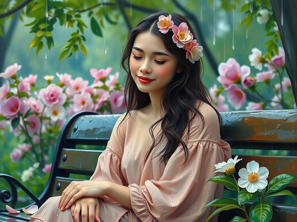 Serene Neo-Impressionist Woman Surrounded by Blooming Plants...