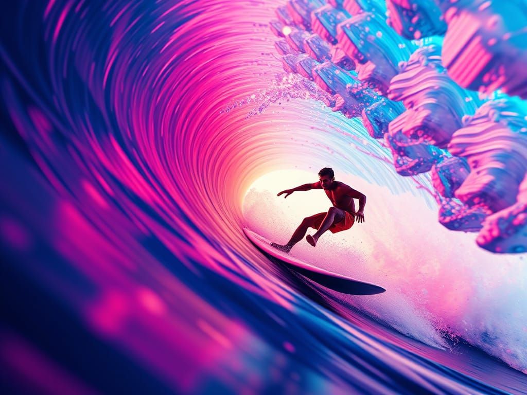 Retro-Futuristic Surfer in Neon-Lit Turbulence
