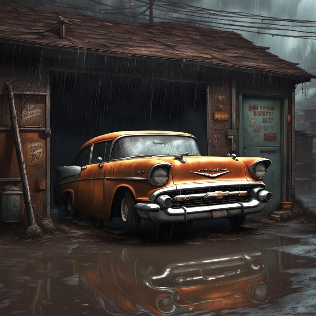 1957 Chevy in Abandoned Garage: Gritty Urban Scene