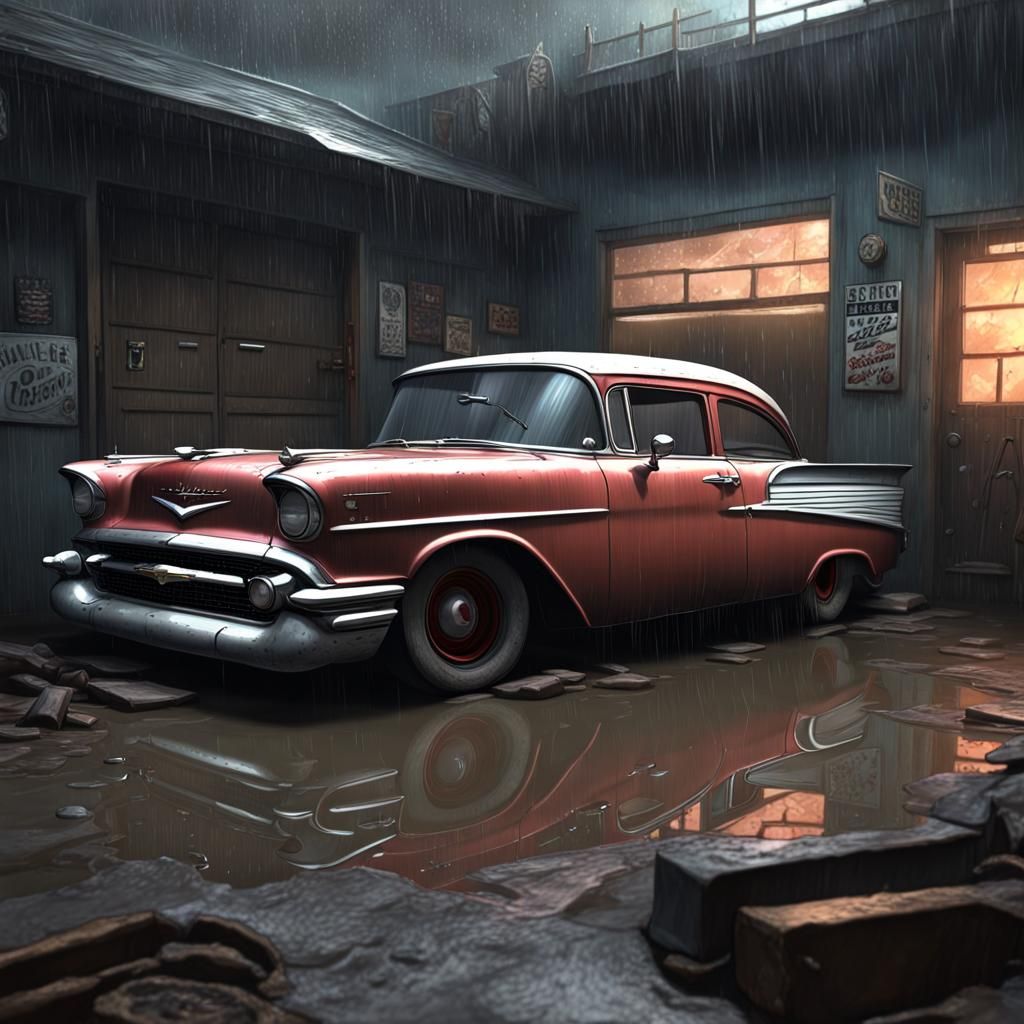 Gritty 1957 Chevy in Dark Urban Garage