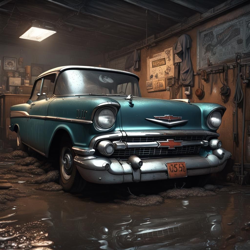 1957 Chevy in Gritty Urban Garage: Manga Anime