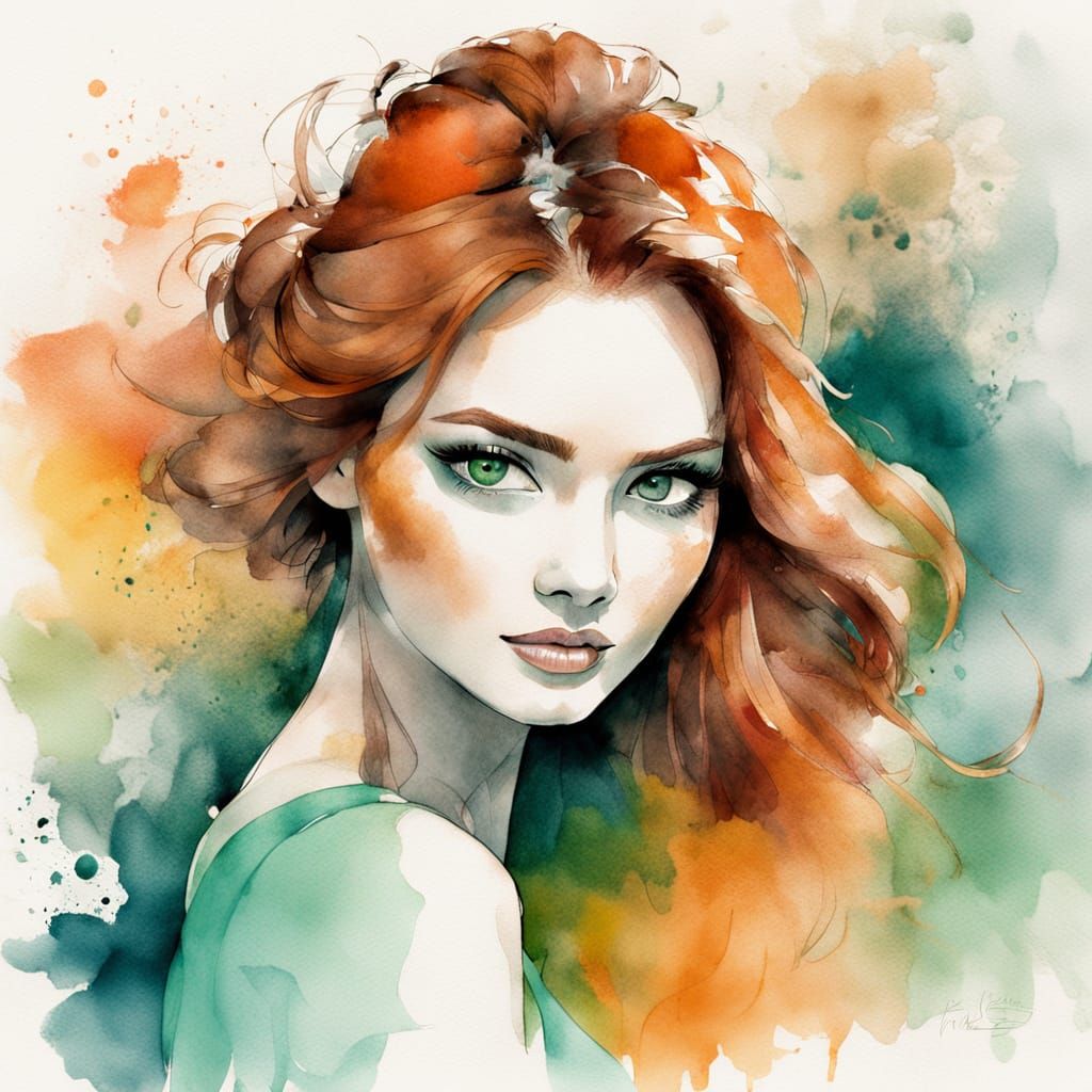 Elegant Japanese Woman with Auburn Hair and Green Eyes