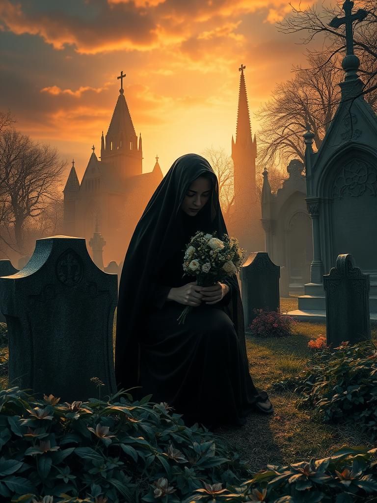 Mourning Widow at Gothic Grave in Digital Painting