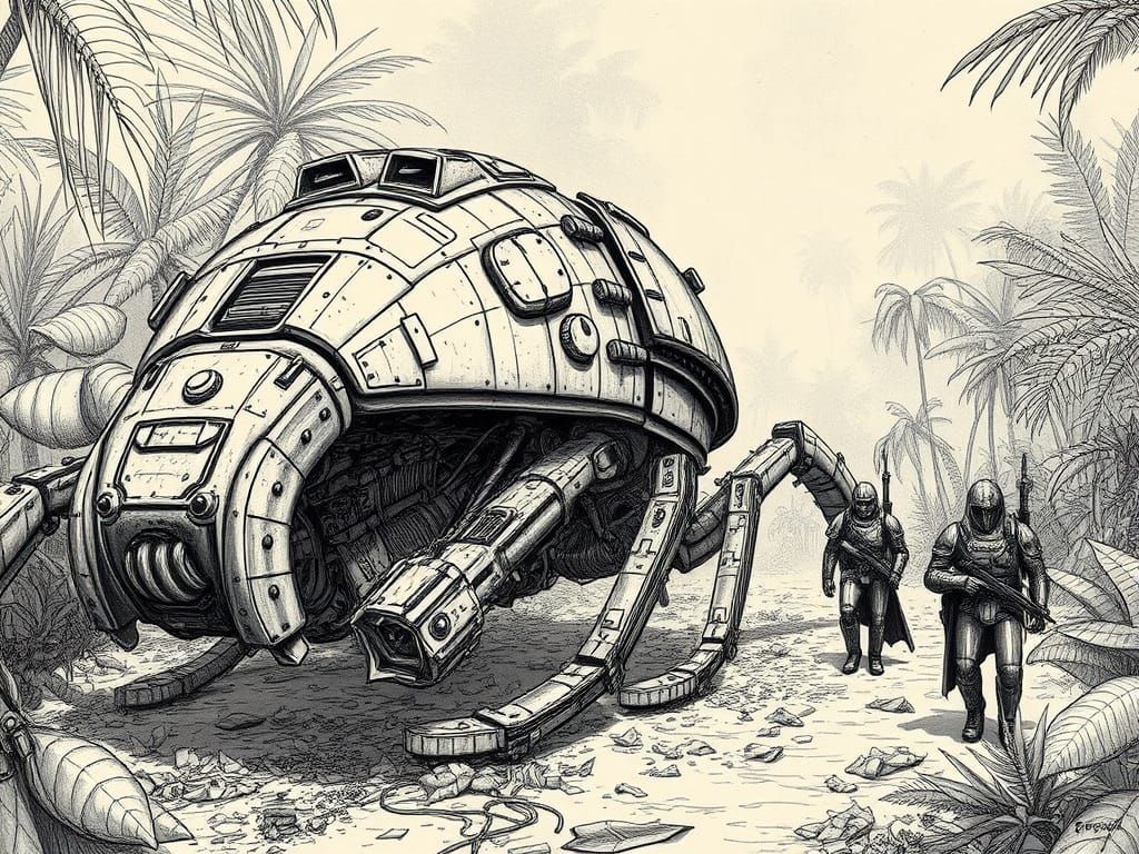 Giant Mechanical Scarab in Jungle with Mercenaries