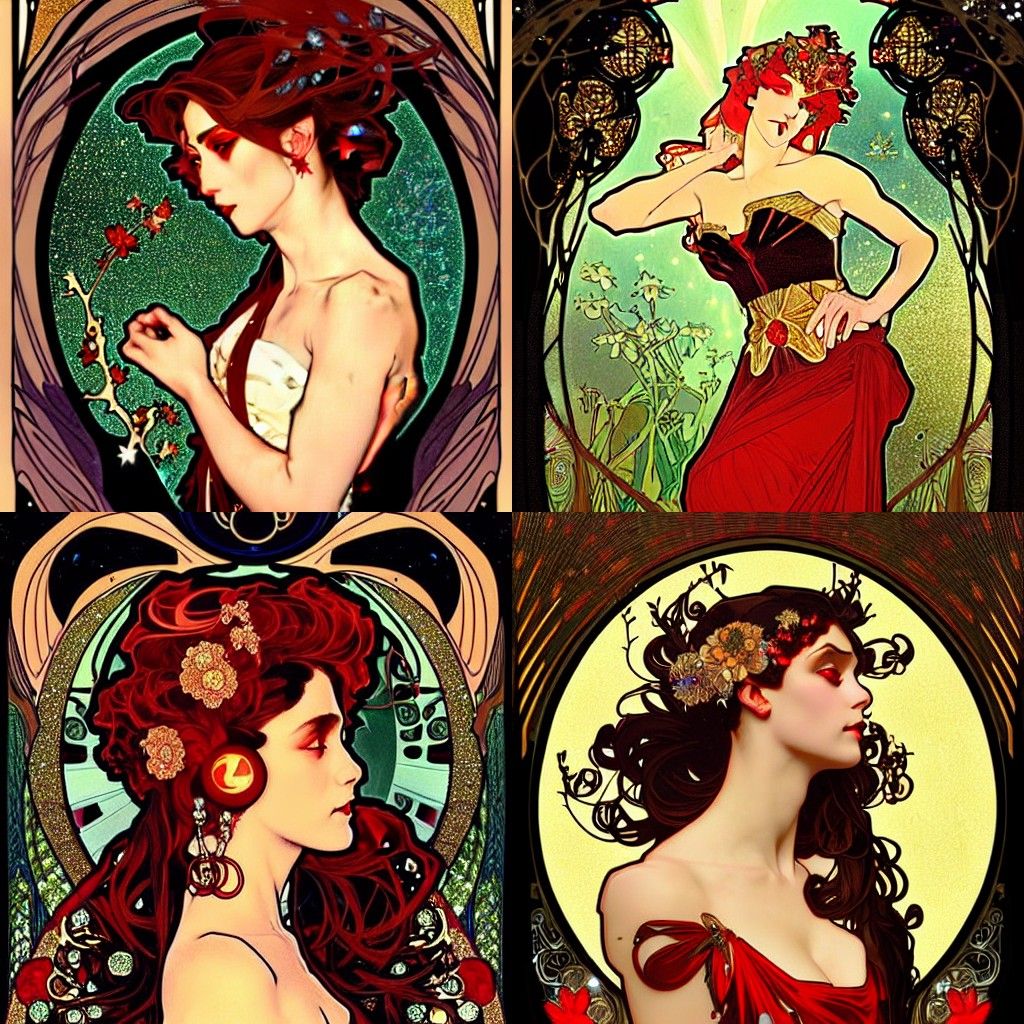 Dark Fantasy Woman with Red Eyes in Art Nouveau Style