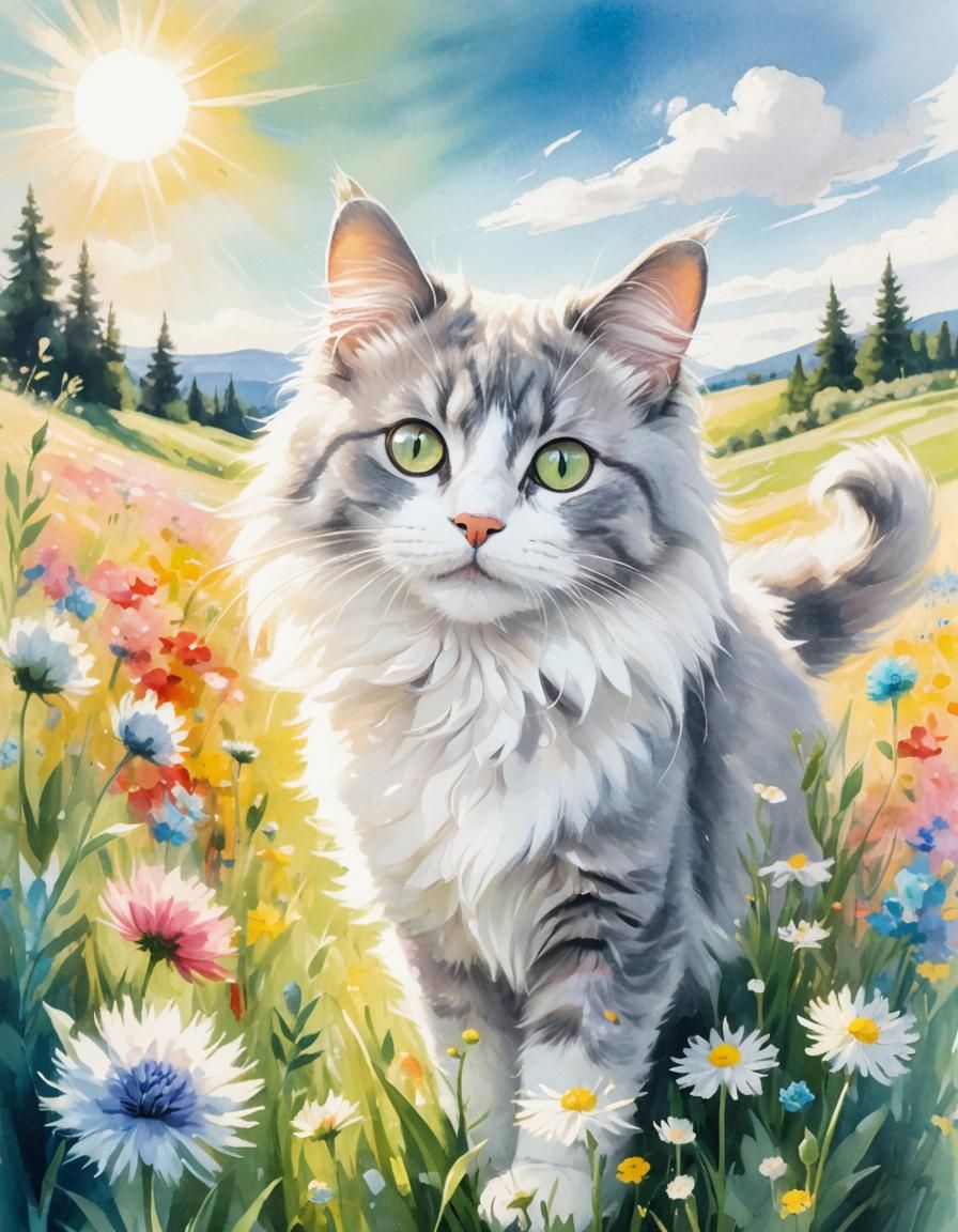 Maine Coon Kitten Playing in Flower Meadow