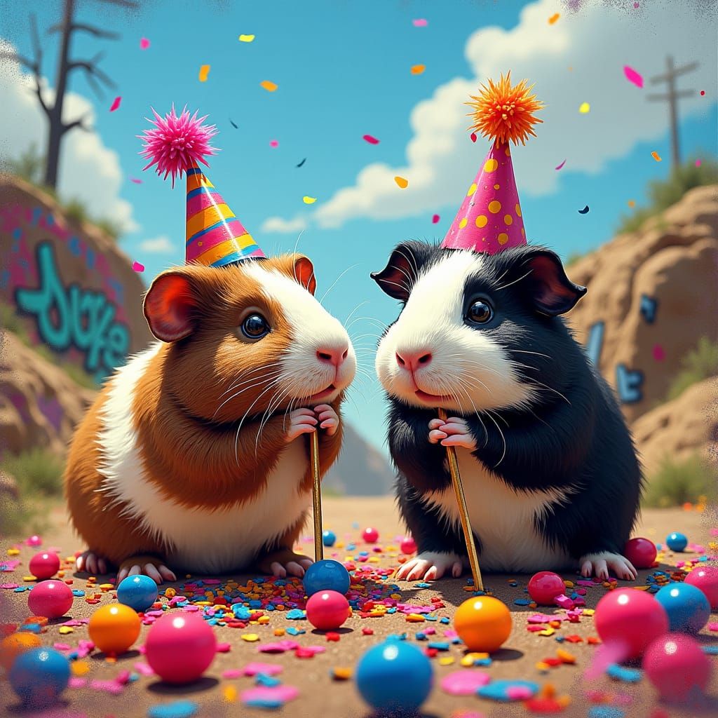 Guinea Pig Party on a Hill in Basquiat Style