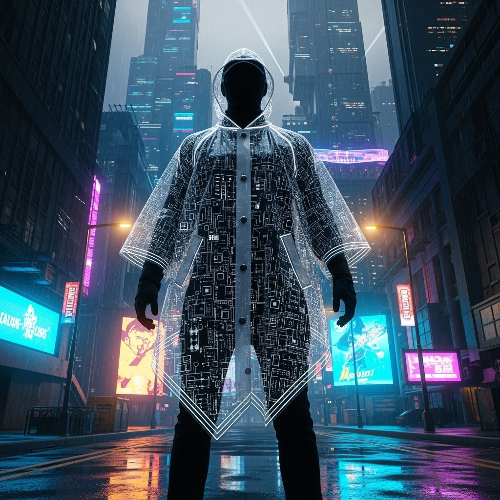 Cyberpunk Figure in Transparent Raincoat with Neon Cityscape