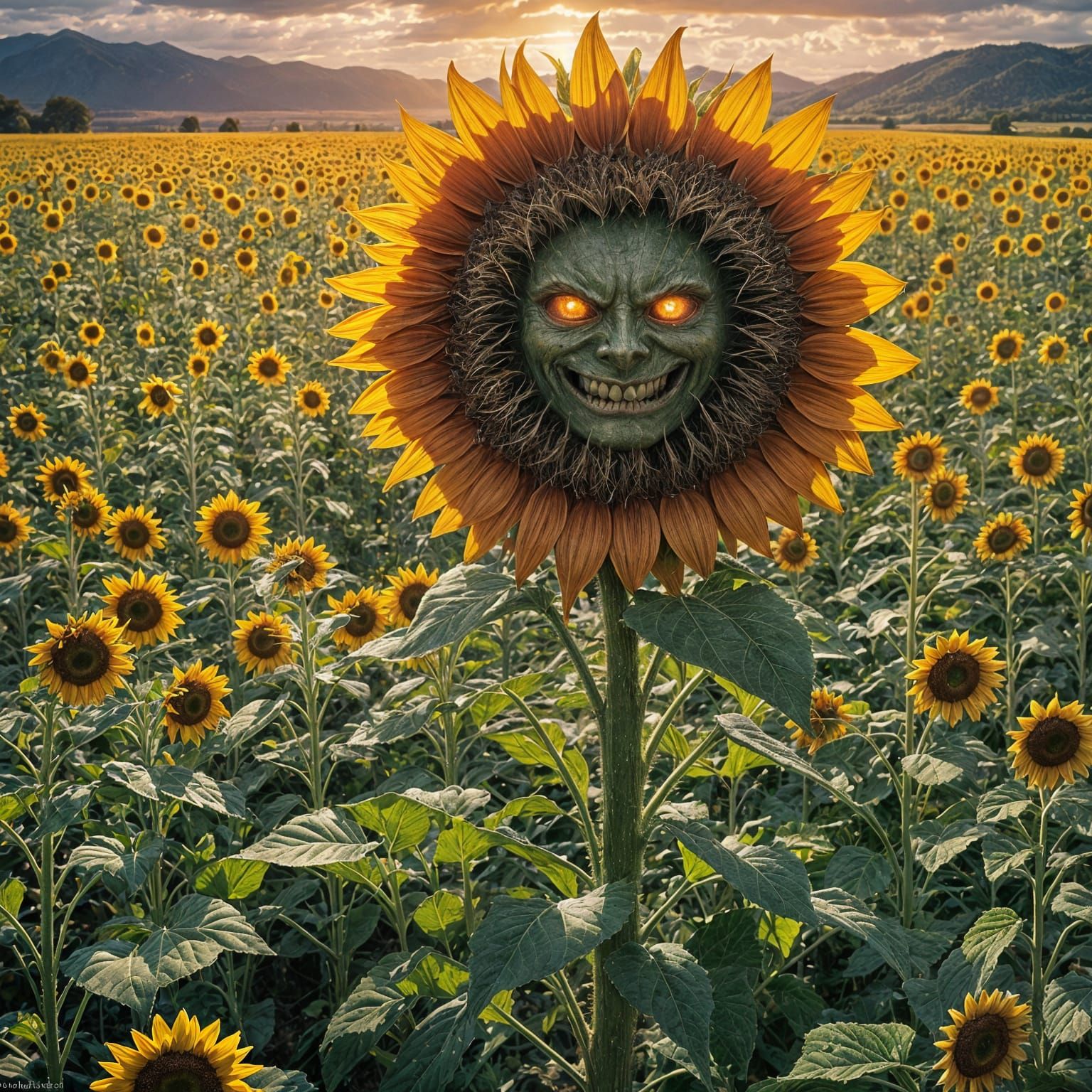 Surreal Anthropomorphic Sunflower in Dark Fantasy Style