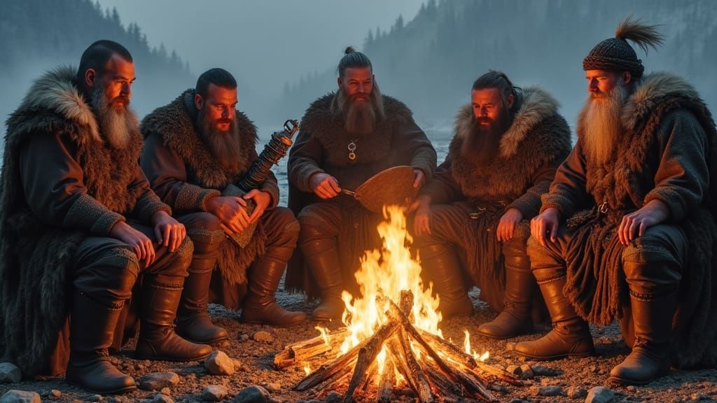 Viking Warriors Gather Around a Roaring Fire, Playing Tradit...