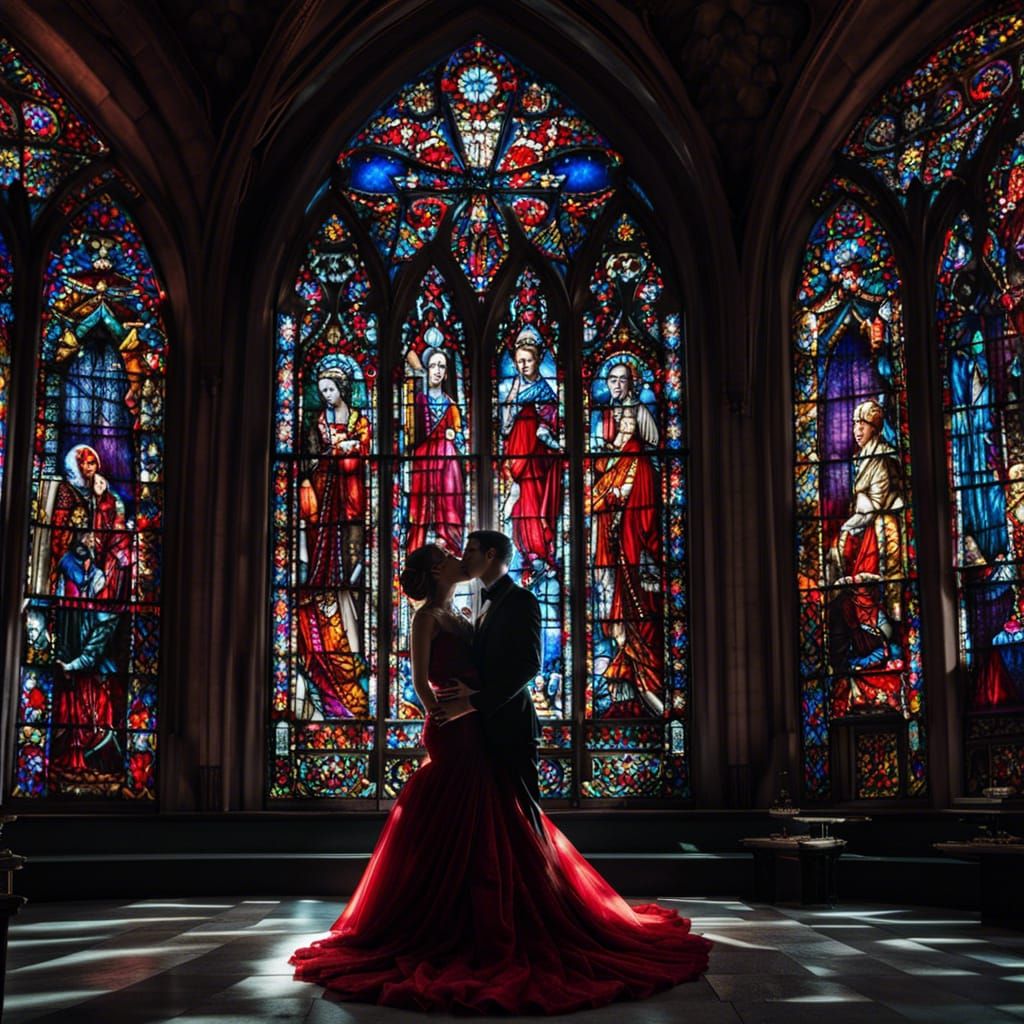 Gothic Vampire Wedding Kiss in Spooky Church