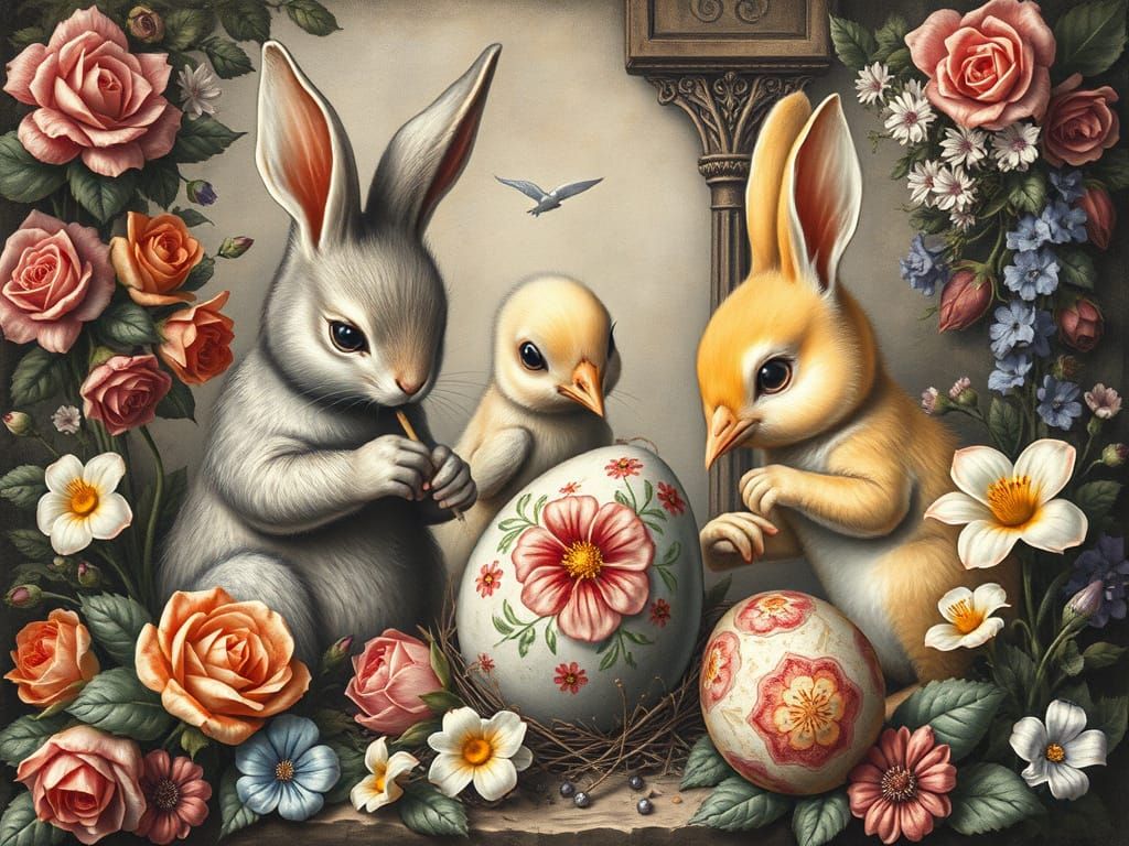 Whimsical Easter Bunnies Painting Eggs in Renaissance Style