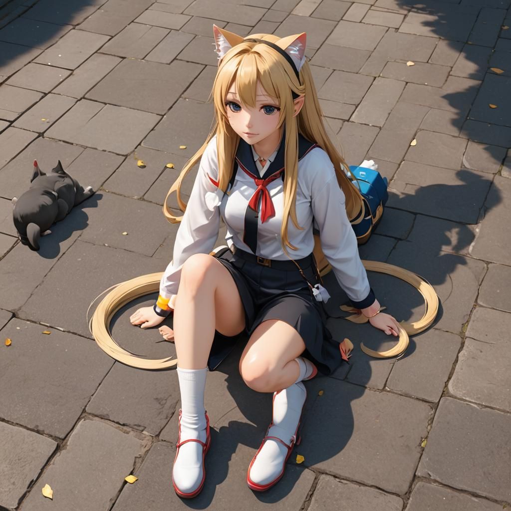 Anime Girl with Cat Features in 3D Digital Art